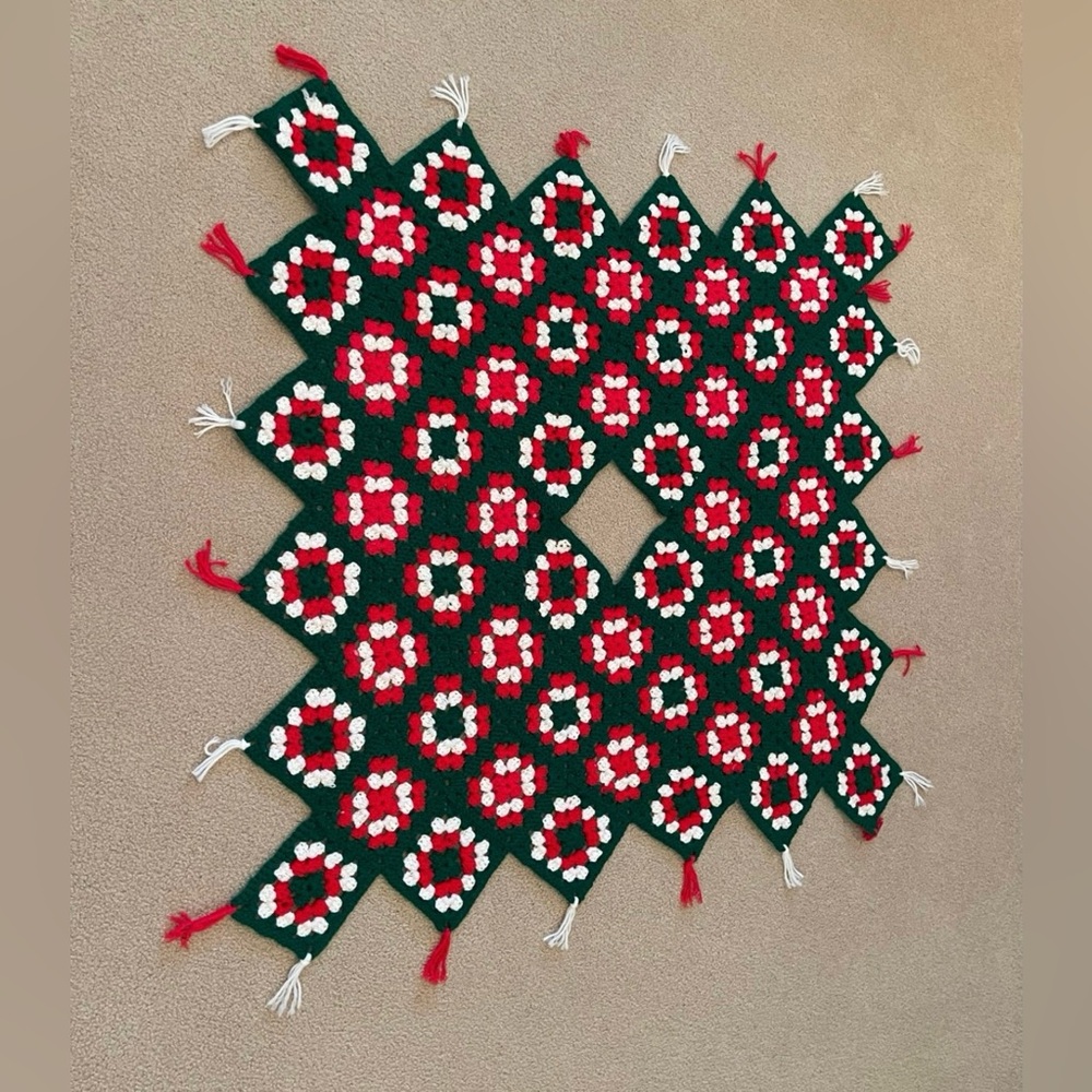 Handmade Crochet Christmas Tree Skirt with Red and Green Squares